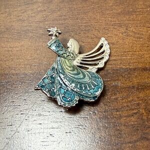 Monet Silver Tone Blue Green Enamel Angel Brooch Rhinestone Star Pin Holiday